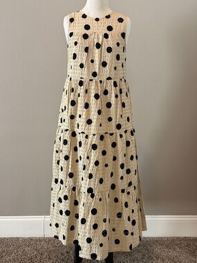 Sleeveless Tan Maxi Dress with Black Polka Dots